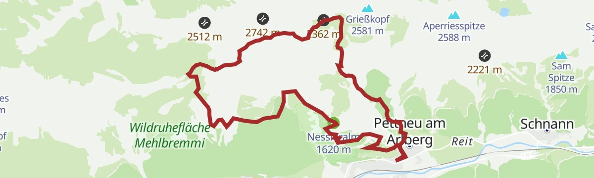 Route map: Pettneu - Kaiserjochhaus, 2306 m - Leutkircher Hütte, 2251 m